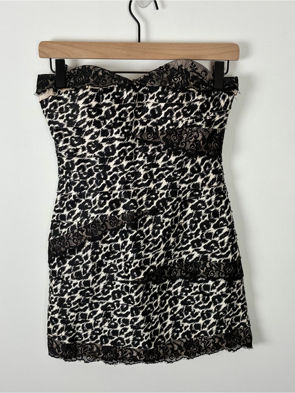 Vintage Y2K Bebe B&W Leopard Print Strapless Sweetheart Mini Dress Lace Party XS